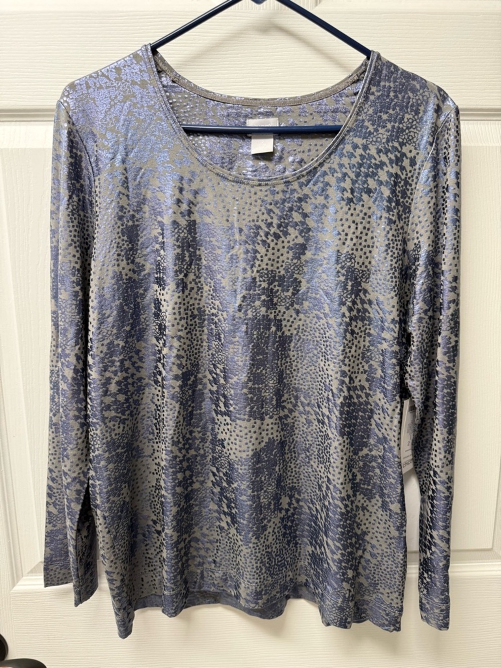 Chico's Metallic Blue/Slate Gray Long-Sleeve Scoop Neck Top - brand new